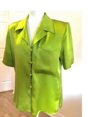 🎁 Vintage Chartreuse Green Silk Tailored Blouse – Luminous Luxe - Four Seasons